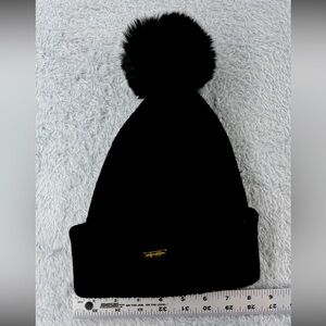 Steve Madden Beanie Toque Womens One Size Black Knit Acrylic Blend Stretch Pom